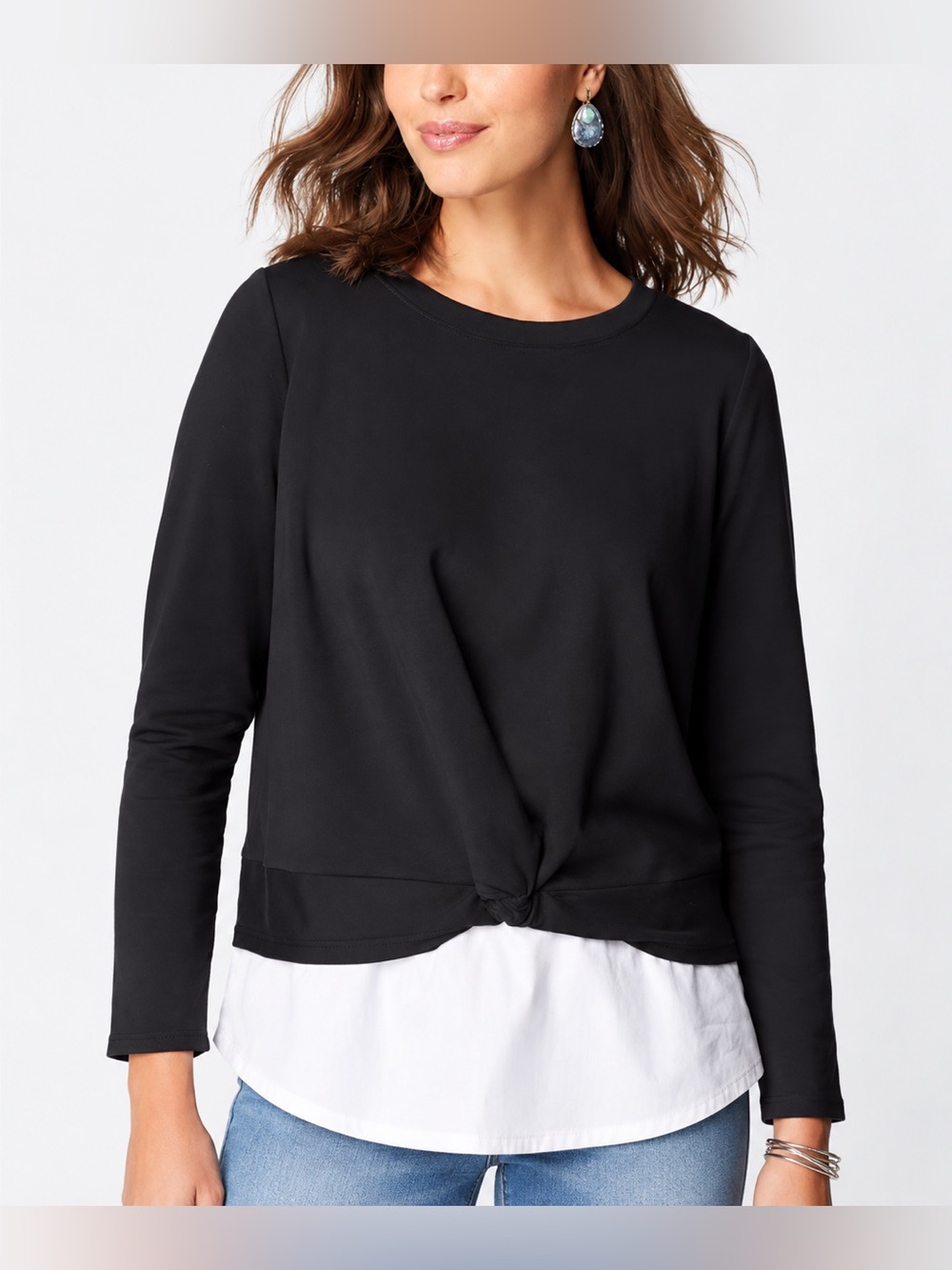 J.Jill Mixed-Media Twist-Front Top Black White XL Tall NWOT Layered
